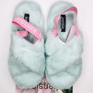 KENSIE Memory Foam Slippers Faux Fur Mint Green / Turquoise Pink Straps Sz S 6/7